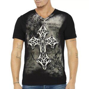 NWT EXCHANGE BIG CROSS TATTOO MEN'S BLACK V-NECK SHORT SLEEVE T-SHIRT SIZE M L